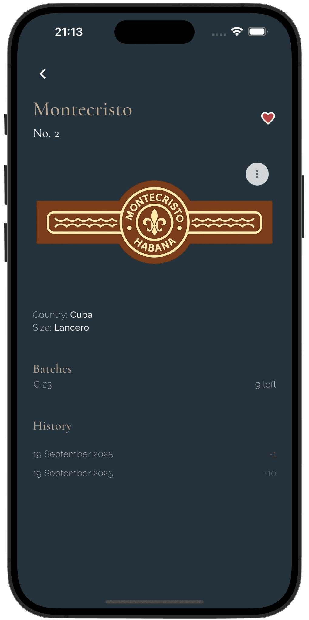 Cigar detail with batches and history