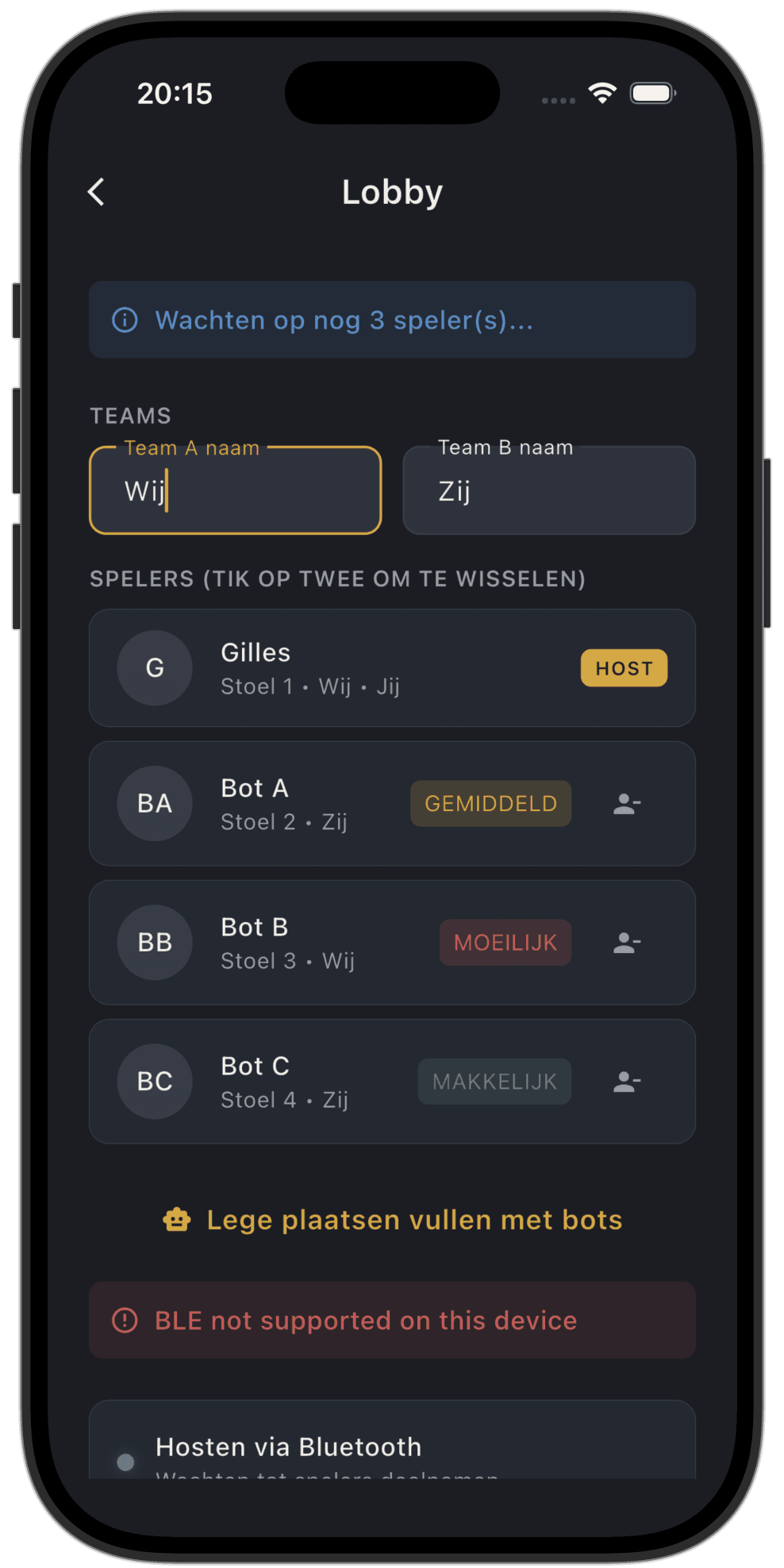 Lobby with bots and teams